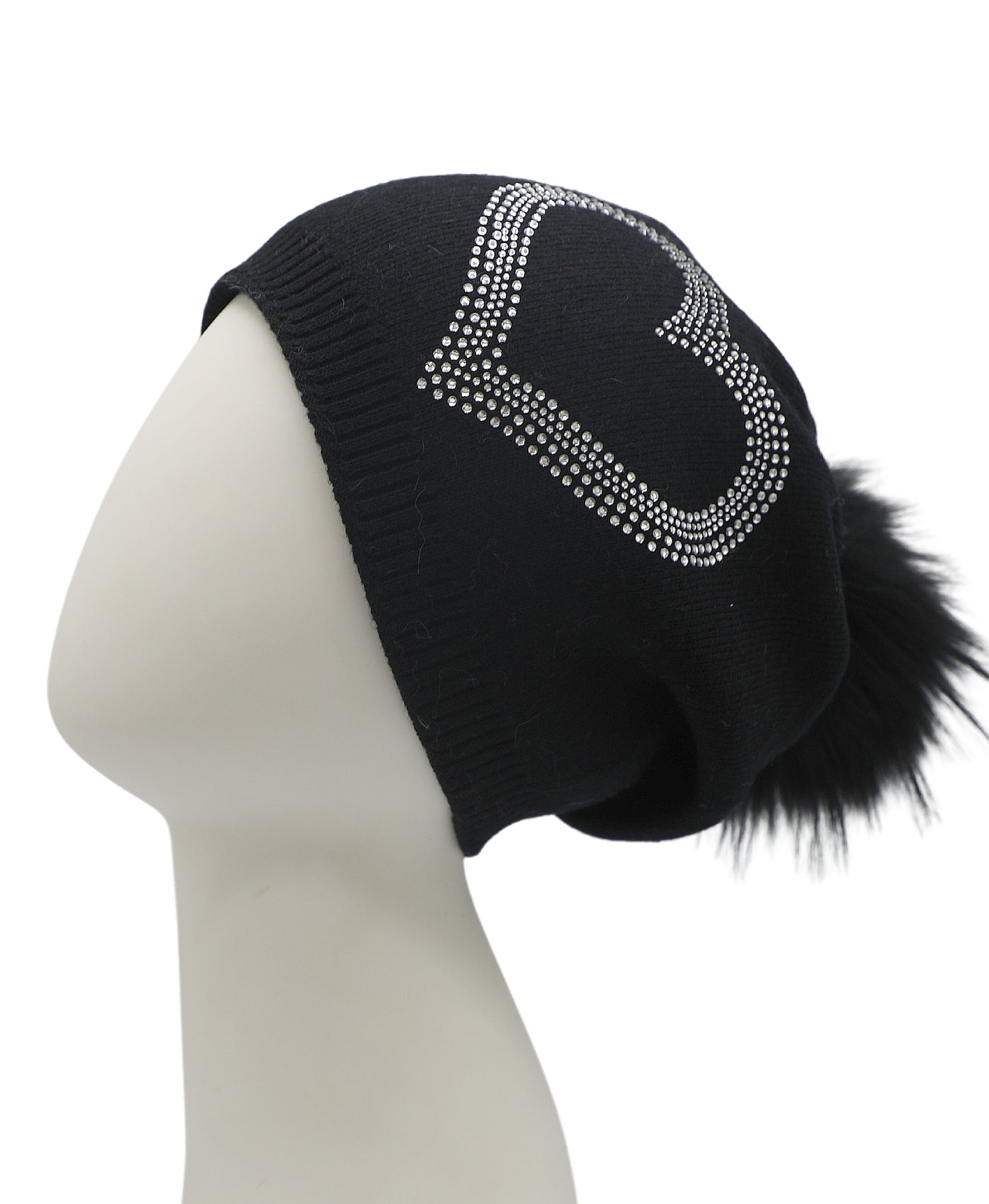 Crystal Heart Knit Slouch Hat w/ Fur Pom view 1