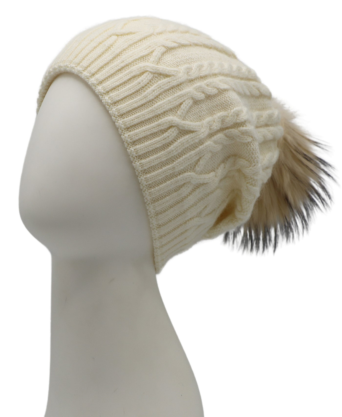 Cable Knit Slouch Hat w/ Fur Pom view 1