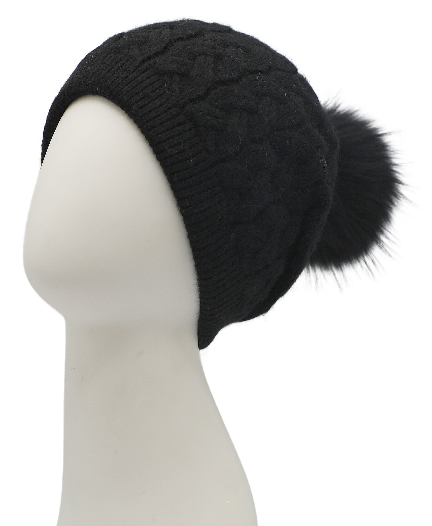 Cable Knit Slouch Hat w/ Fur Pom view 1