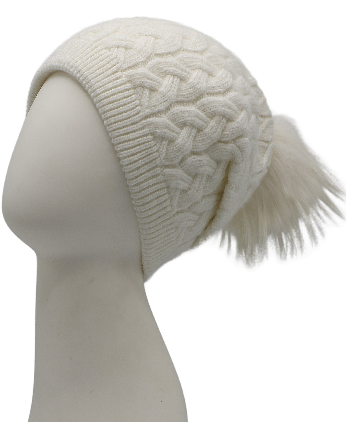 Cable Knit Slouch Hat w/ Fur Pom view 1