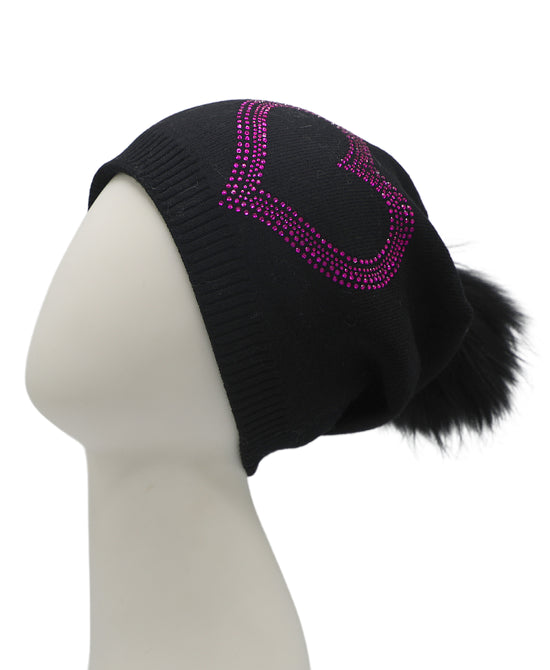 Crystal Heart Knit Slouch Hat w/ Fur Pom view 