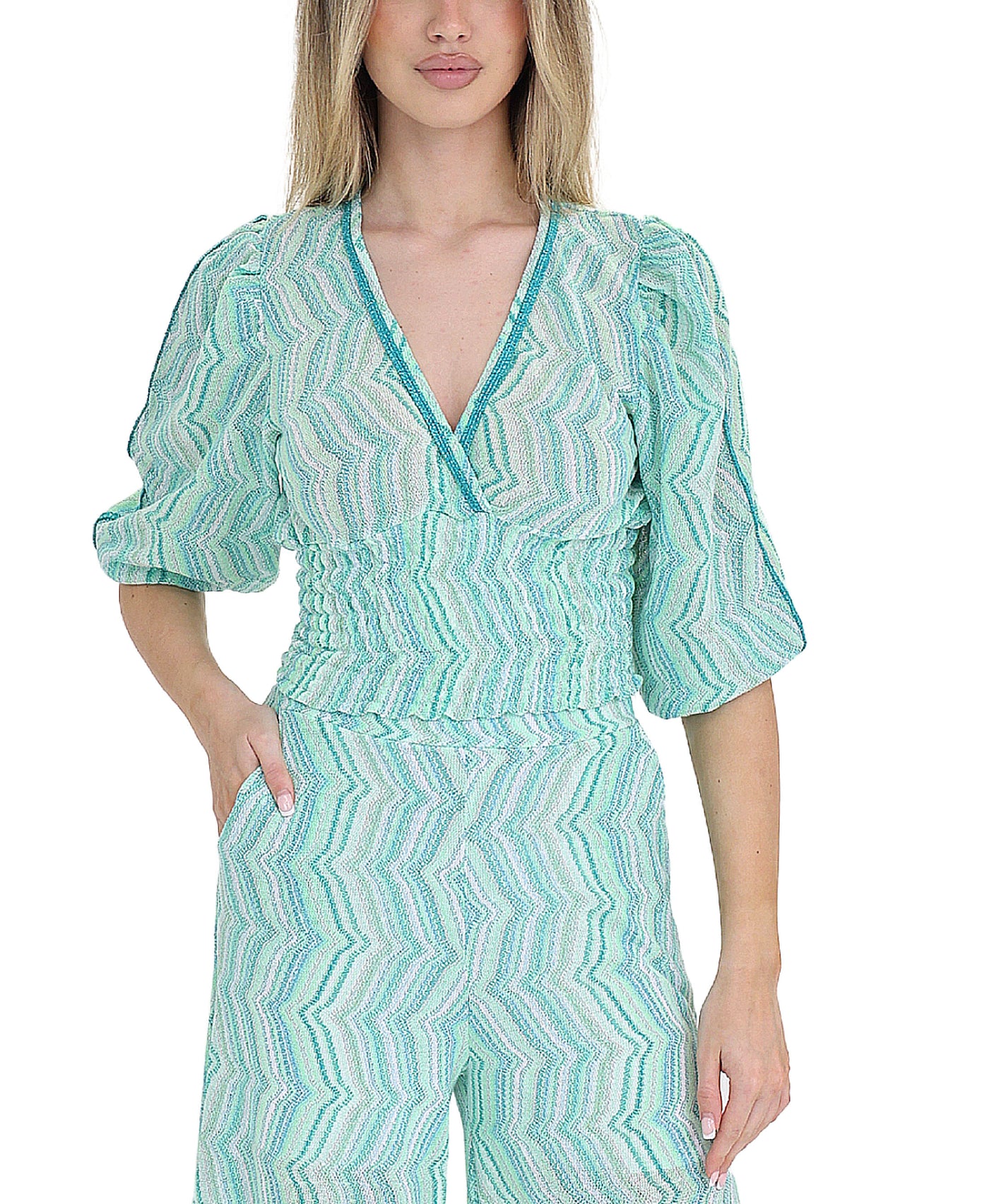 Printed Lurex Top w/ Ruched Sleeves