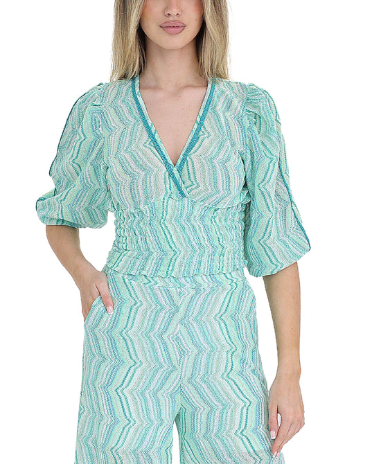 Printed Lurex Top w/ Ruched Sleeves view 
