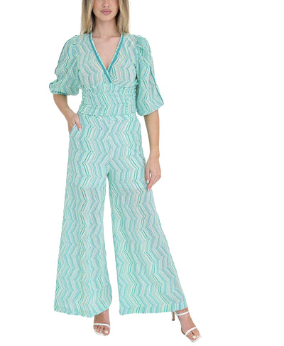 Printed Lurex Top w/ Ruched Sleeves
