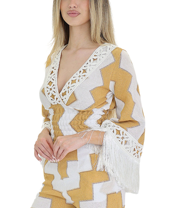 Printed Top w/ Fringe Sleeves view 