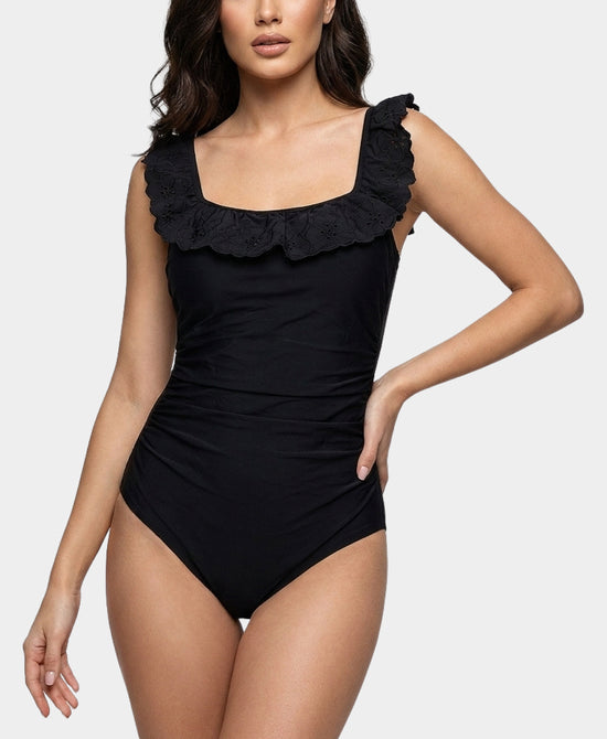 
Eyelet Ruffle Trim One-Piece Swimsuit in BLACK view 1