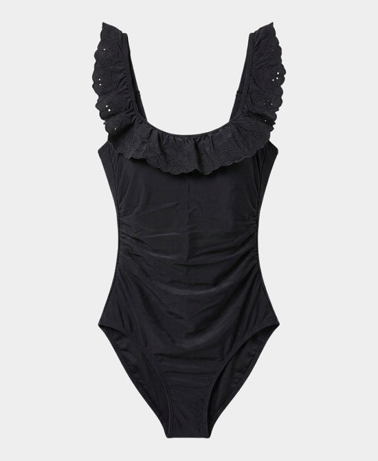 
Eyelet Ruffle Trim One-Piece Swimsuit in BLACK view 2