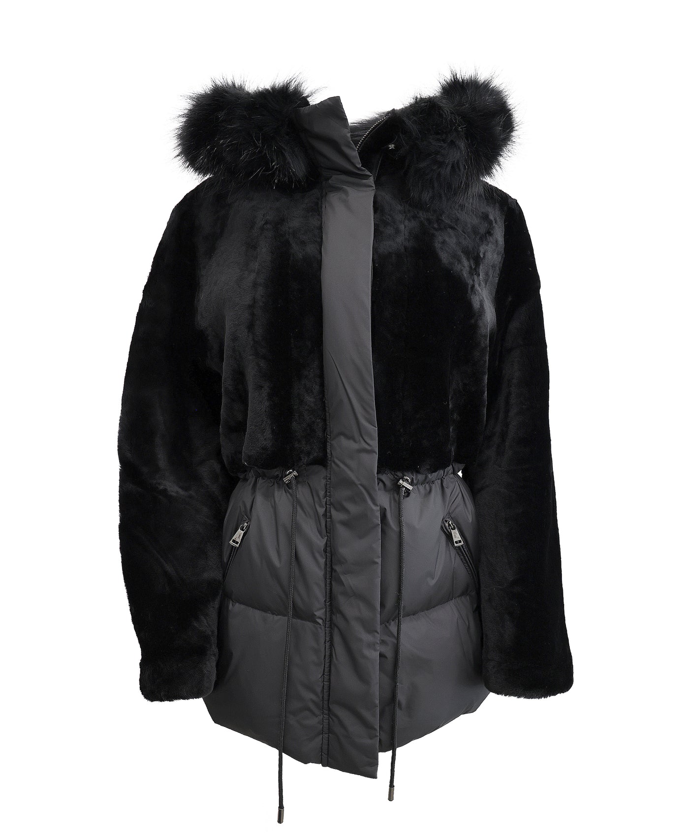 Shearling & Down Hooded Jacket w/ Fur Trim image 1