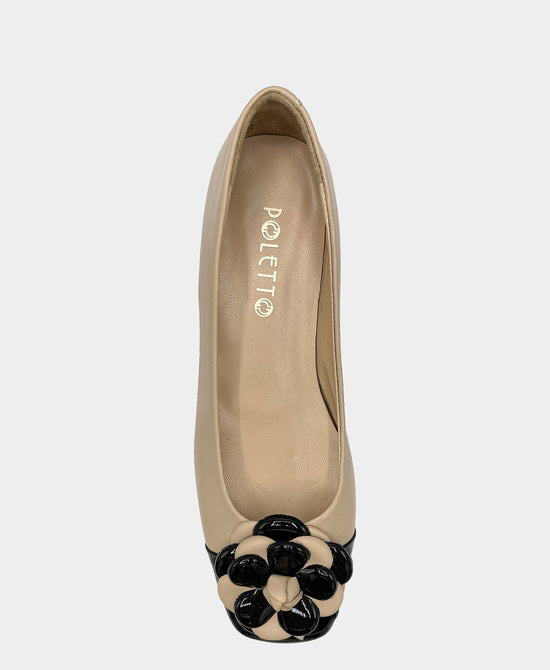 
Leather Flower Heeled Flat in NUDE/BLACK view 2