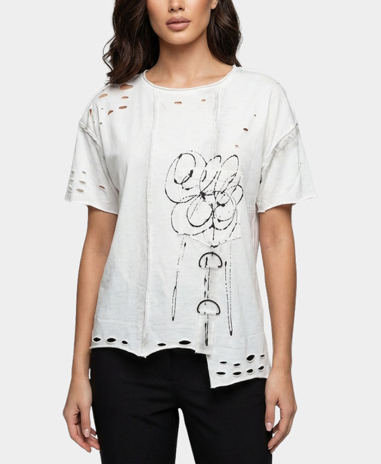 
Asymmetrical Tee w/ Paint Splatter Detail in WHITE/BLACK view 1