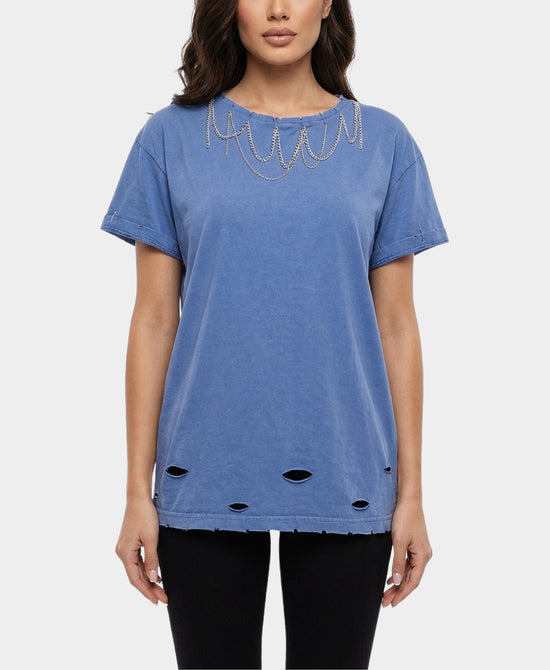 
Distressed Tee w/ Chain Detail in BLUE view 1