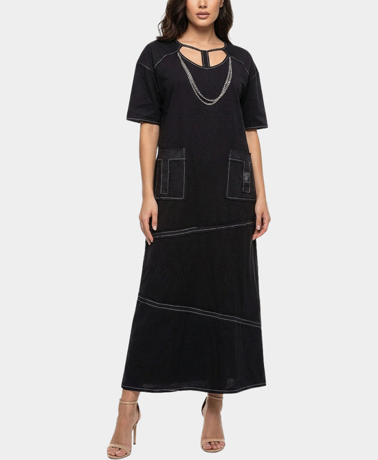
Midi Dress w/ Chain & Stitch Detail in BLACK view 1