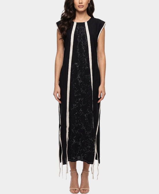 
Midi Dress w/ Distressed Fringe Detail in BLACK/BEIGE view 1