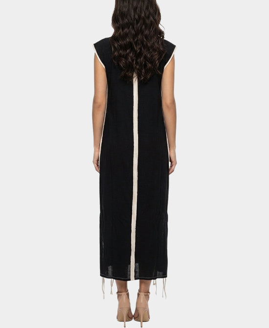 
Midi Dress w/ Distressed Fringe Detail in BLACK/BEIGE view 2
