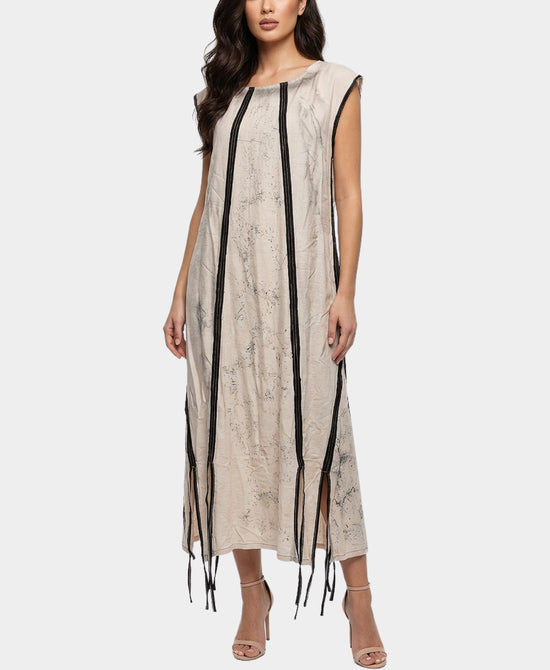 
Midi Dress w/ Distressed Fringe Detail in BEIGE/BLACK view 1