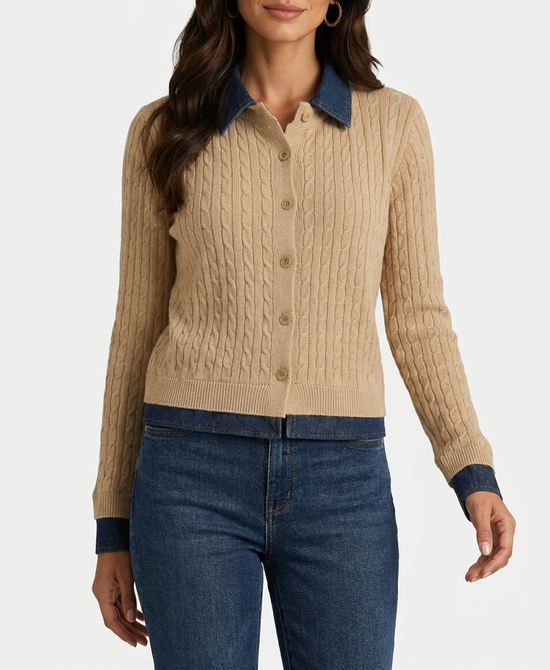 
Cable Knit Sweater w/ Denim Trim in TAN/DENIM view 1