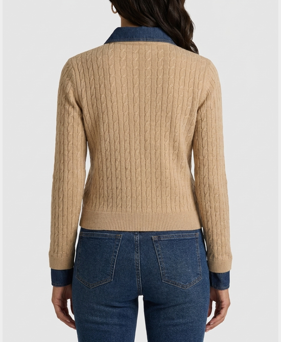 
Cable Knit Sweater w/ Denim Trim in TAN/DENIM view 2