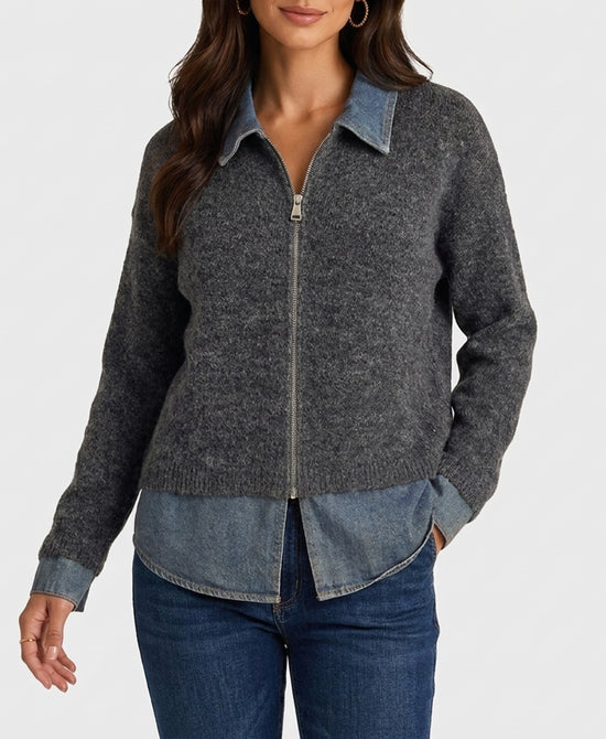 
Zip Front Sweater w/ Denim Trim in CHARCOAL/DENIM view 1