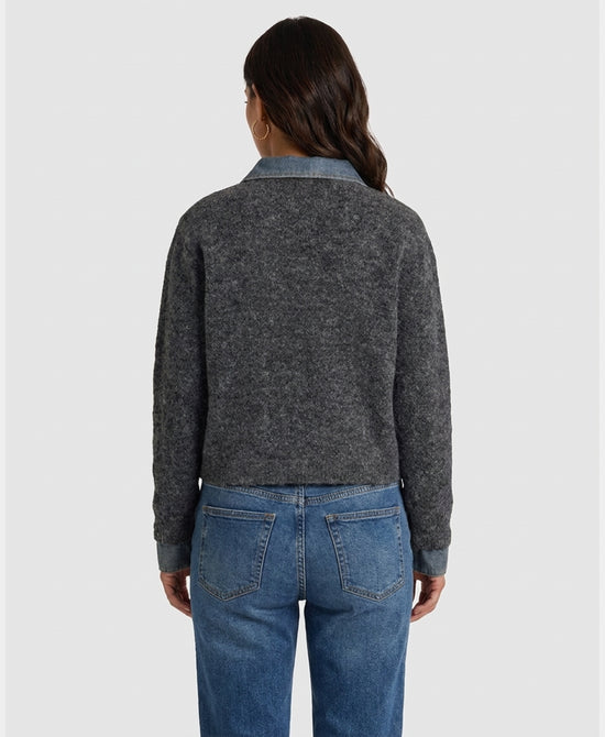 
Zip Front Sweater w/ Denim Trim in CHARCOAL/DENIM view 2