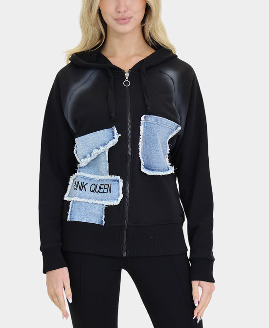 "Punk Queen" Zip Up Hoodie w/ Denim Trim view 