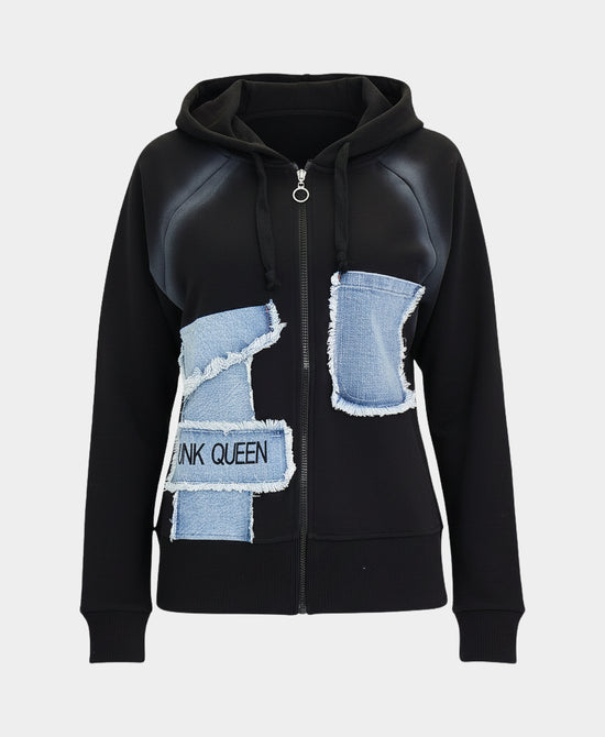 "Punk Queen" Zip Up Hoodie w/ Denim Trim view 