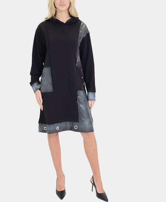 Dress w/ Faux Leather Trim & Hood view 