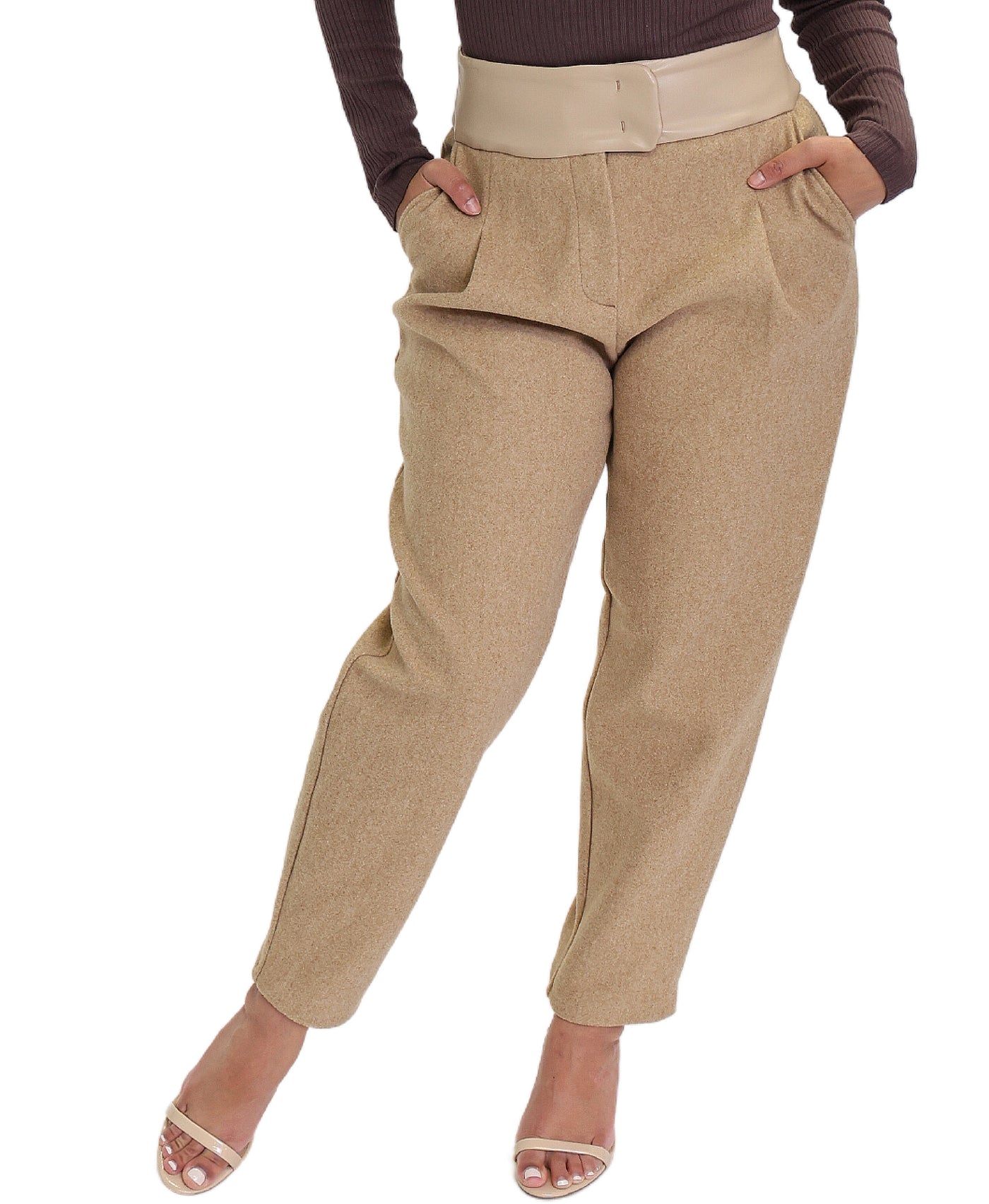 Wool Pants w/ Faux Leather Waistband image 1
