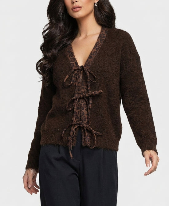 
Knit Cardigan w/ Leopard Print Trim in BROWN view 1