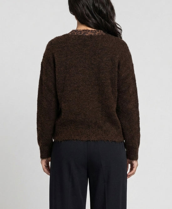
Knit Cardigan w/ Leopard Print Trim in BROWN view 2