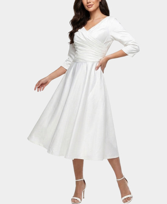 
Midi Dress w/ Ruched Detail in WHITE view 1