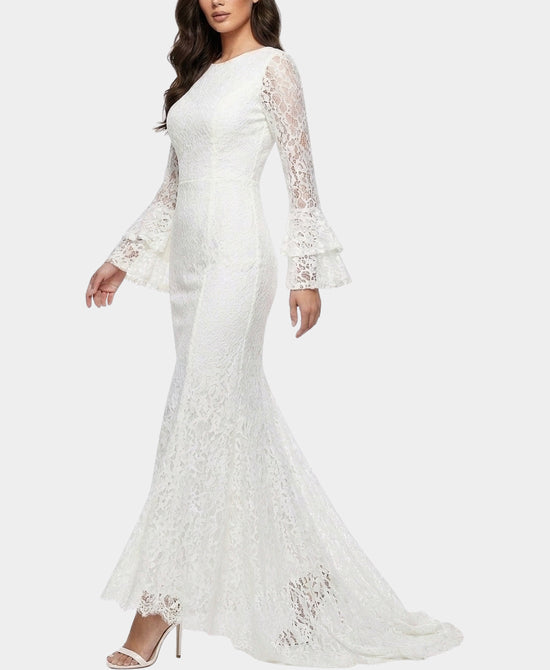
Lace Gown w/ Ruffle Tiered Sleeves in WHITE view 1