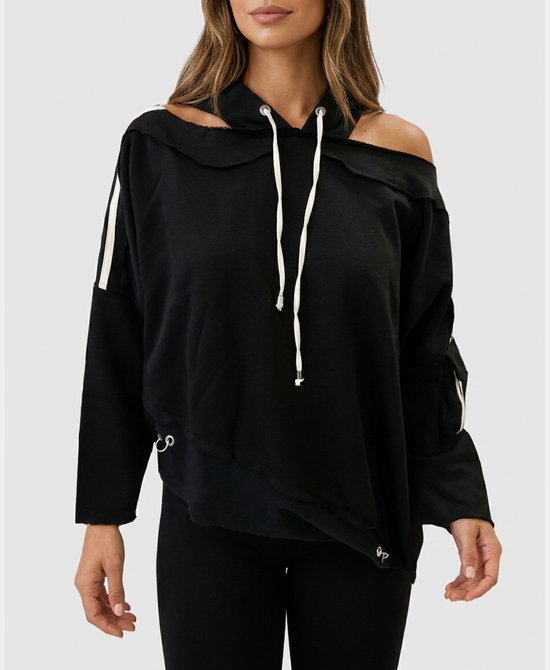 
Asymmetrical Off The Shoulder Hoodie in BLACK view 1