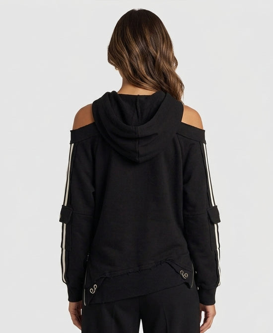 
Asymmetrical Off The Shoulder Hoodie in BLACK view 2