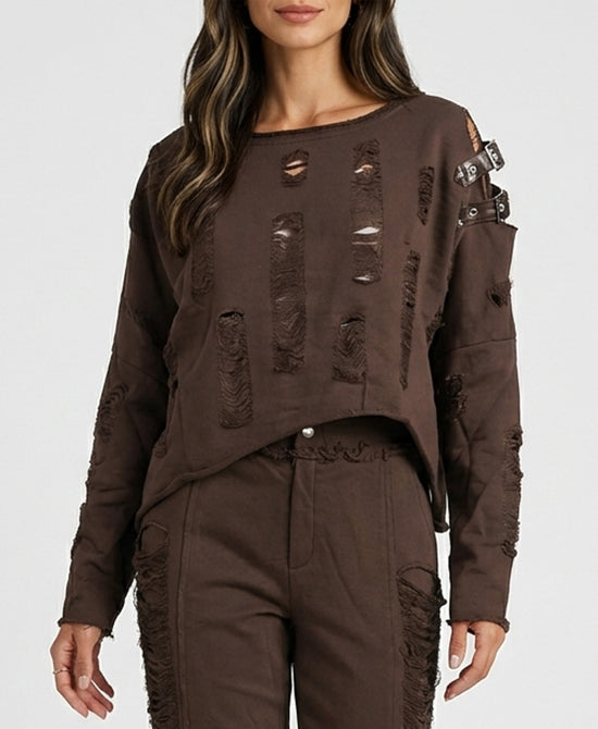 
Distressed Sweatshirt w/ Silver Studs in BROWN view 1