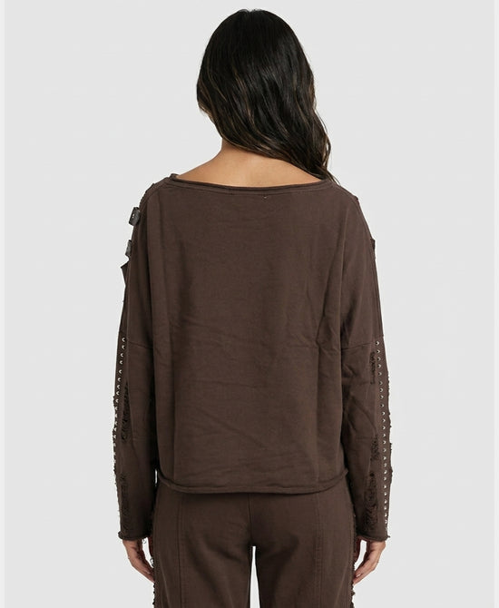 
Distressed Sweatshirt w/ Silver Studs in BROWN view 2