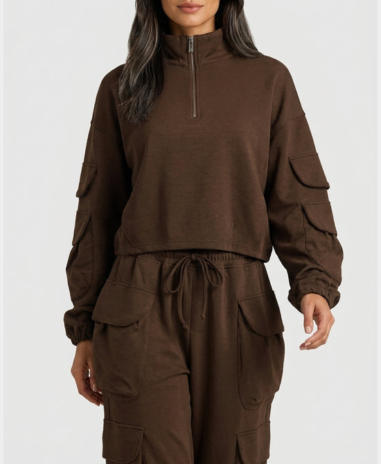 
1/4 Zip Cargo Pocket Hoodie in BROWN view 1