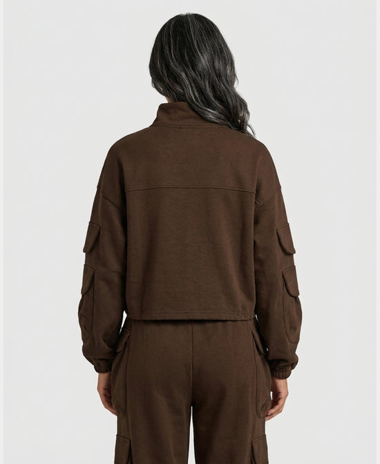 
1/4 Zip Cargo Pocket Hoodie in BROWN view 2