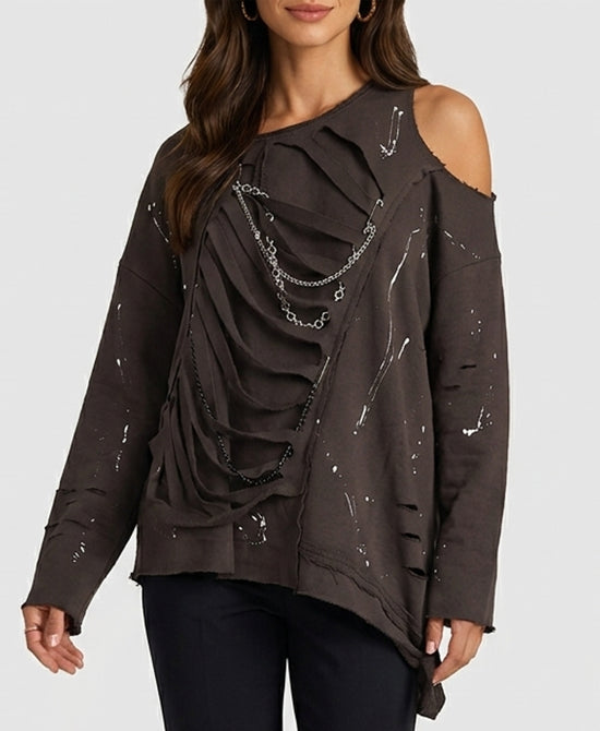 
Distressed Sweatshirt w/ Silver Chains in FADED BLACK view 1