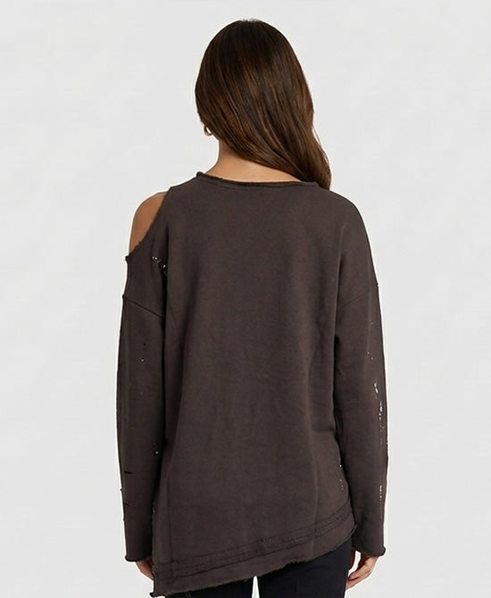 
Distressed Sweatshirt w/ Silver Chains in FADED BLACK view 2