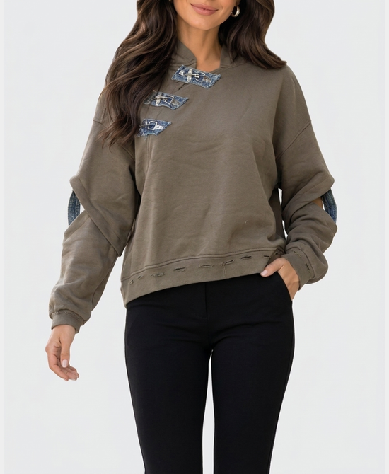 
Distressed Sweatshirt w/ Denim Trim in OLIVE view 1