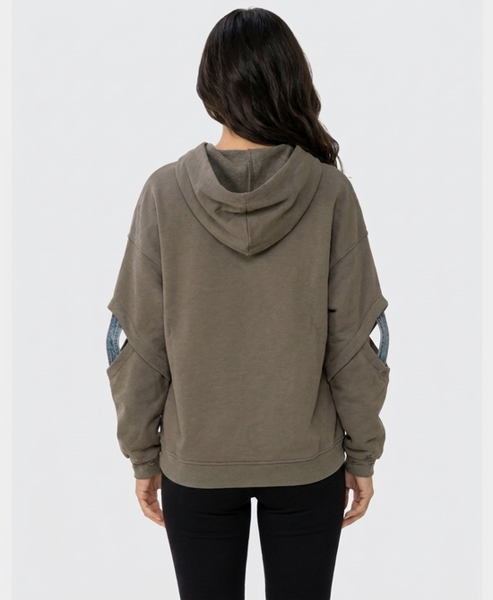 
Distressed Sweatshirt w/ Denim Trim in OLIVE view 2
