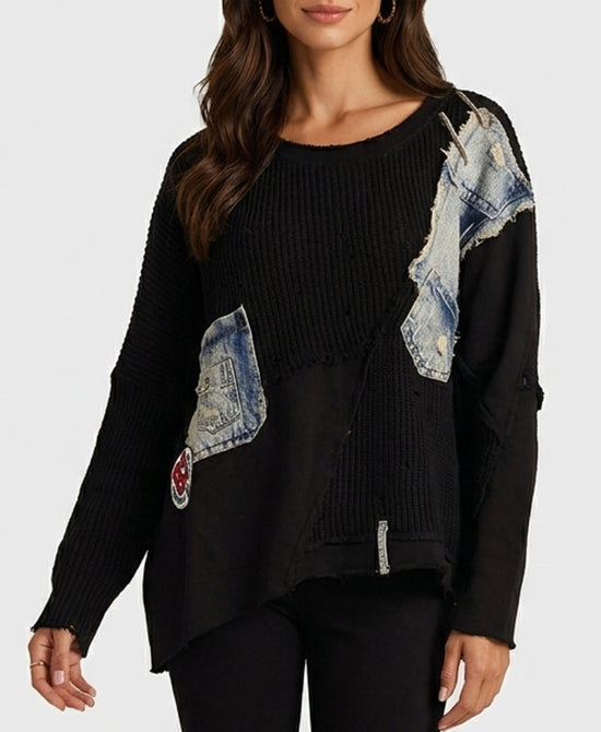 
Mixed Media Sweater w/ Denim in BLACK view 1