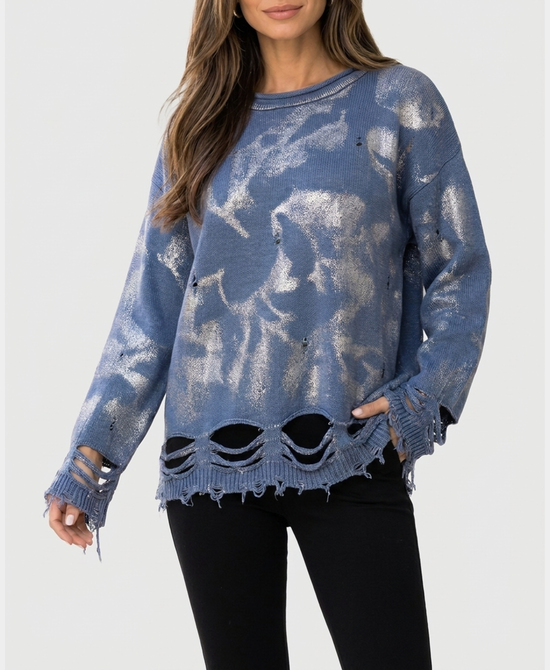 
Distressed Shredded Sweater in BLUE view 1