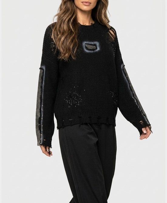 
Distressed Sweater w/ Faux Leather & Studs in BLACK view 1