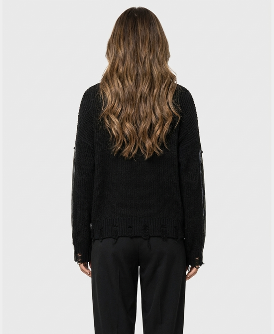 
Distressed Sweater w/ Faux Leather & Studs in BLACK view 2