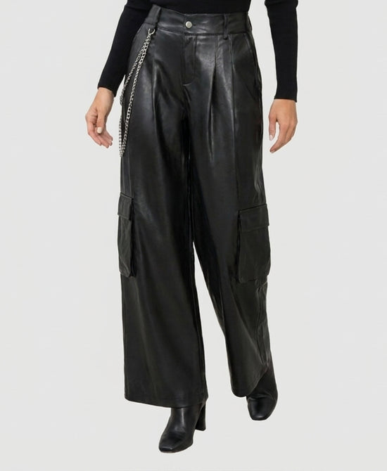 
Faux Leather Wide Leg Cargo Pants w/ Chain in BLACK view 1