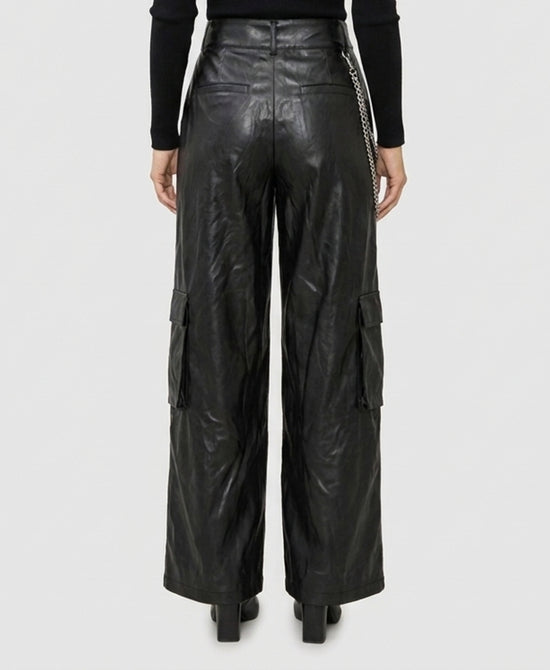
Faux Leather Wide Leg Cargo Pants w/ Chain in BLACK view 2