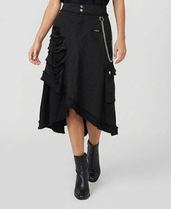
Distressed Asymmetrical Midi Skirt in BLACK view 1