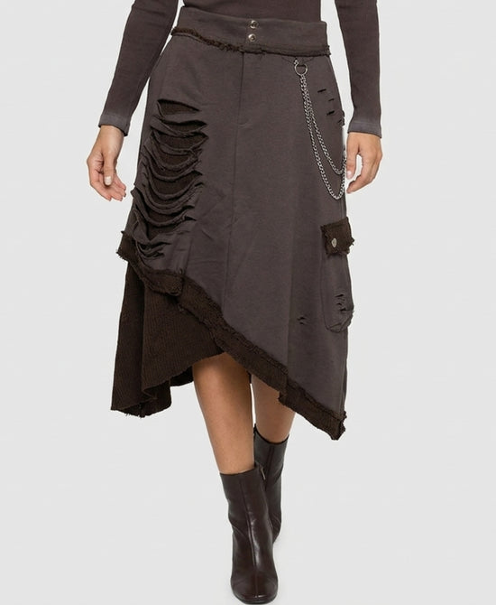 
Distressed Asymmetrical Midi Skirt in BROWN view 1