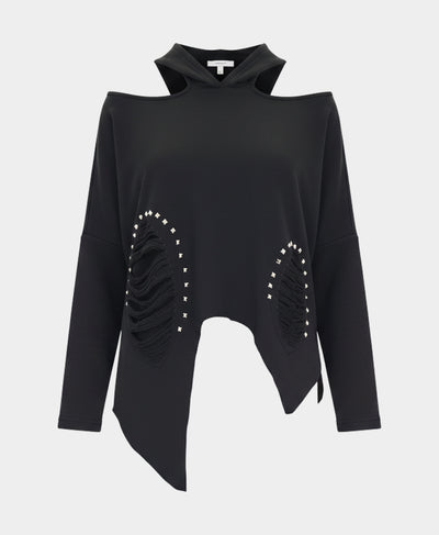 Cold Shoulder Asymmetrical Top w/ Studs & Hood image 2